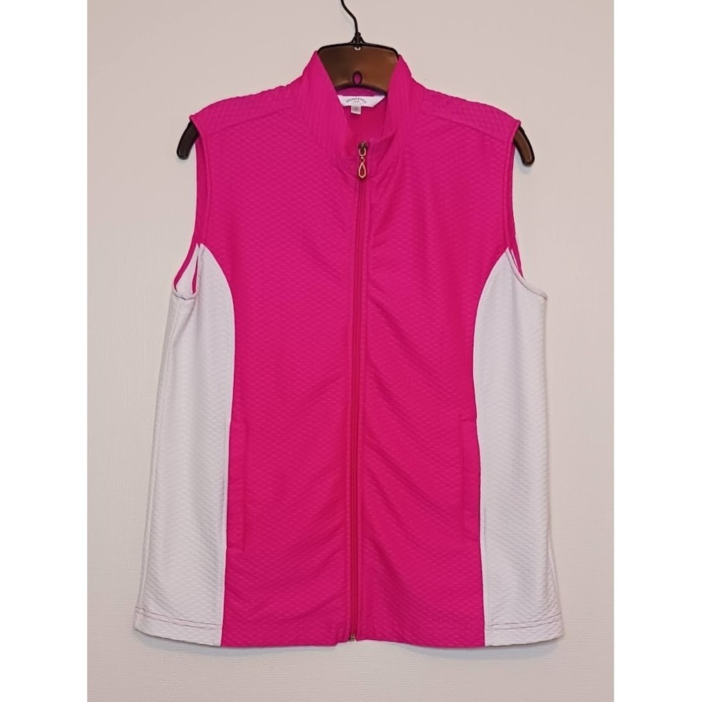 Montery Club Golf Shirt, womens sz M, pink/white, Sleeveless, Zipper front, Poly